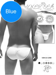 White micro slip swim trunks with subtle lace trim and elegant icker sea logo on the back in a sleek design