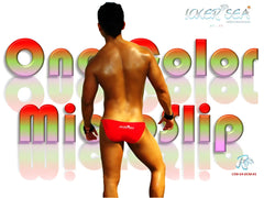 Red icker sea solid micro slip bikini swimwear showing the back with a small logo on one-piece swim trunks