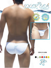 White micro slip bikini swimwear from icker sea showing the back with a subtle blue logo in solid white cob-12-114w