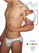 White icker sea solid micro slip bikini underwear with light blue waistband branding in white fabric front view