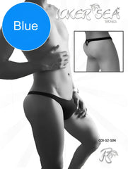 Back view of icker sea solid mini thong underwear in blue with a small diamond shaped logo on the back