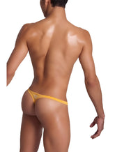 Back of yellow icker sea solid mini thong underwear mango with small logo on soft fabric material