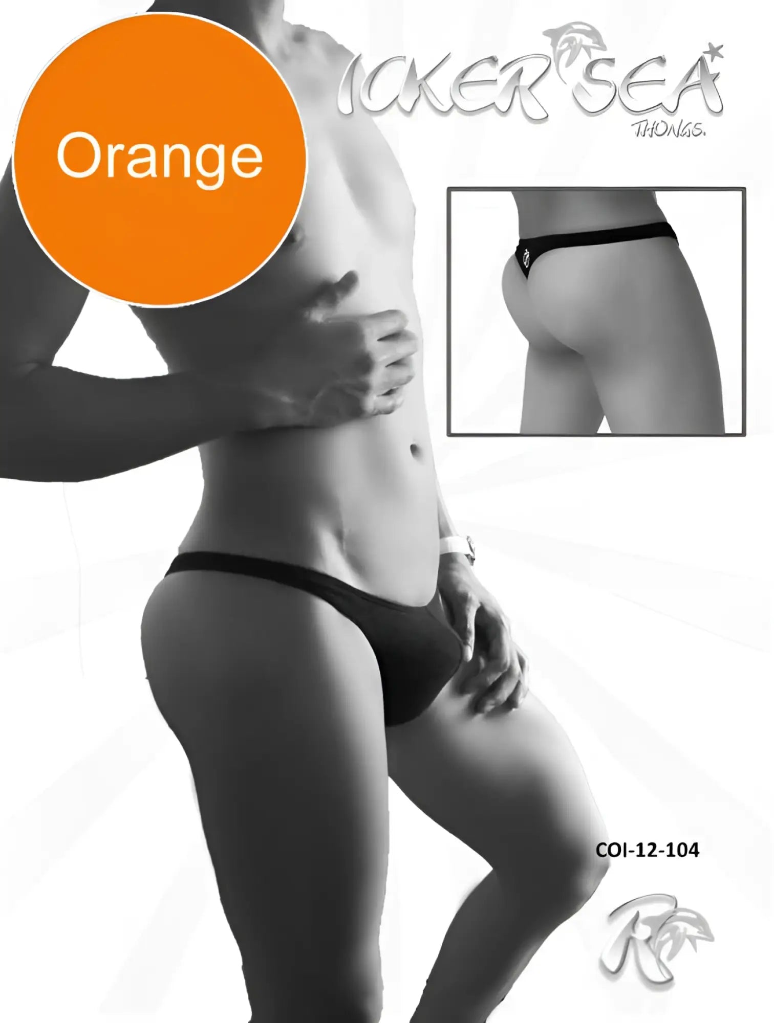 Back side of icker sea solid mini thong underwear in orange with a small diamond shaped logo on the back