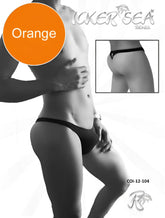Back side of icker sea solid mini thong underwear in orange with a small diamond shaped logo on the back
