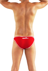 Red men’s swim trunks with white trim and logo on waistband from icker sea solid slip bikini underwear red coi-16-14
