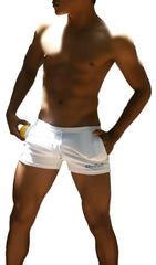 White icker sea sports tennis shorts with drawstring waistband and subtle lower left leg branding SHR-13-02