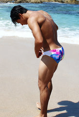 Vibrant tie-dye swim trunks with white waistband in pink blue and purple from icker sea spring bikini swimwear cob-15-20
