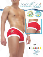 Red icker sea star tattoo contrast trim square cut trunk swimwear with white trim uv and chlorine resistant