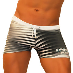 Icker Sea steel lines square cut trunk swimwear grey black and white striped swim trunks with white waistband and gold drawstrings