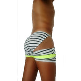 Icker Sea stripe lines microslip bikini underwear featuring black and white striped swim trunks with neon yellow waist band