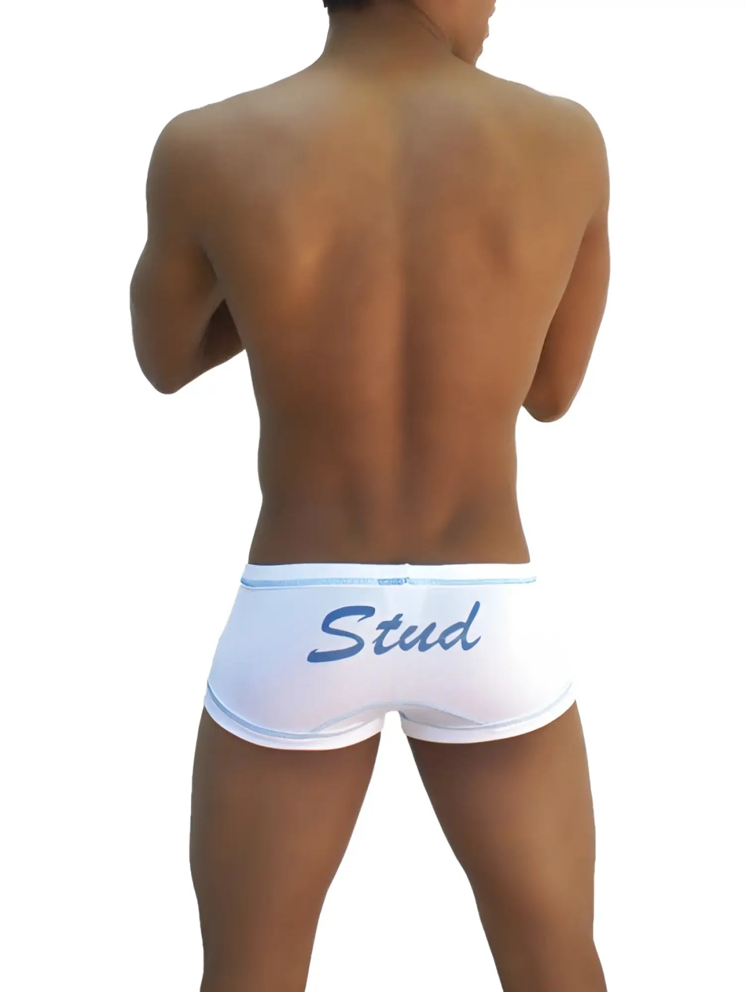 White icker sea stud boxer brief underwear with blue cursive stud lettering and light blue trim