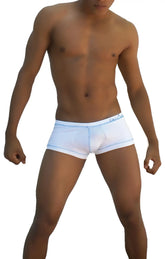 White icker sea stud boxer brief underwear with light blue trim and subtle waistband logo for comfortable wear