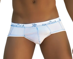 White icker sea stud brief underwear with light blue trim and subtle waistband pattern for comfortable wear