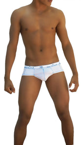 Icker sea stud brief underwear white with light blue trim and subtle pattern along the waistband
