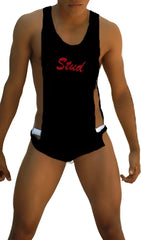 Black tank style wrestling singlet with red stud lettering across the chest icker sea stud large armhole tank top