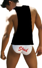 White briefs with red stud lettering paired with icker sea stud large armhole tank top black and red ca16st52