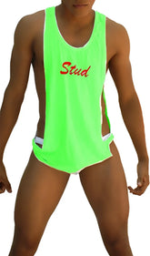 Neon green jersey large armhole tank top with red stud lettering across the chest for casual wear