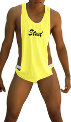 Icker sea stud large armhole tank top t shirt in bright yellow mango with black stud lettering on chest
