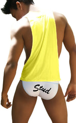 Back of a bright yellow icker sea stud large armhole tank top t shirt with white waistband and black cursive text