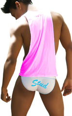 Back view of icker sea stud large armhole tank top t shirt in pink and white with stud logo on the back