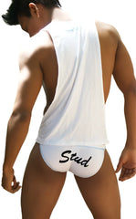 White stud branded briefs with black cursive lettering paired with icker sea stud large armhole tank top white black