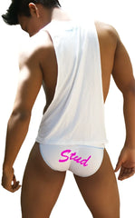 White briefs with pink stud lettering featured in icker sea stud large armhole tank top t shirt white fuchsia ca 16 st 43