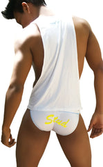 Back view of white athletic-style briefs with yellow stead logo paired with icker sea stud large armhole tank top white mango