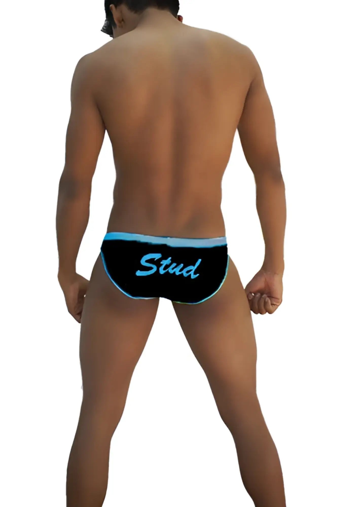 Black swim trunks with light blue trim and stud text in script font from icker sea slip bikini underwear collection