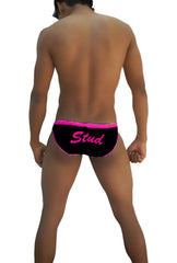 Icker Sea stud slip bikini underwear black with bright pink trim and stud script across the front