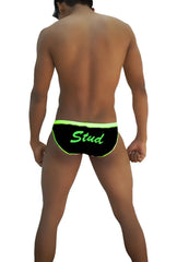 Black Icker Sea stud slip bikini underwear in swim trunks style with neon green trim and matching lettering