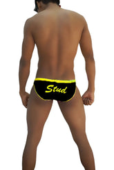 Black icker sea stud slip bikini underwear with bright yellow trim and stud lettering in black mango color