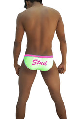 Bright neon green icker sea stud slip bikini underwear with pink waistband and stud print in pink cursive script