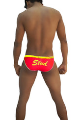 Icker Sea Stud slip bikini underwear in red with yellow trim and stud embroidered in gold lettering
