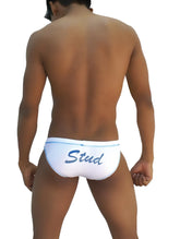 Icker sea stud slip bikini underwear white with blue trim and stud cursive script on front