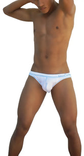 Icker Sea Stud Slip bikini underwear in white with light blue trim and subtle logo on waistband front view