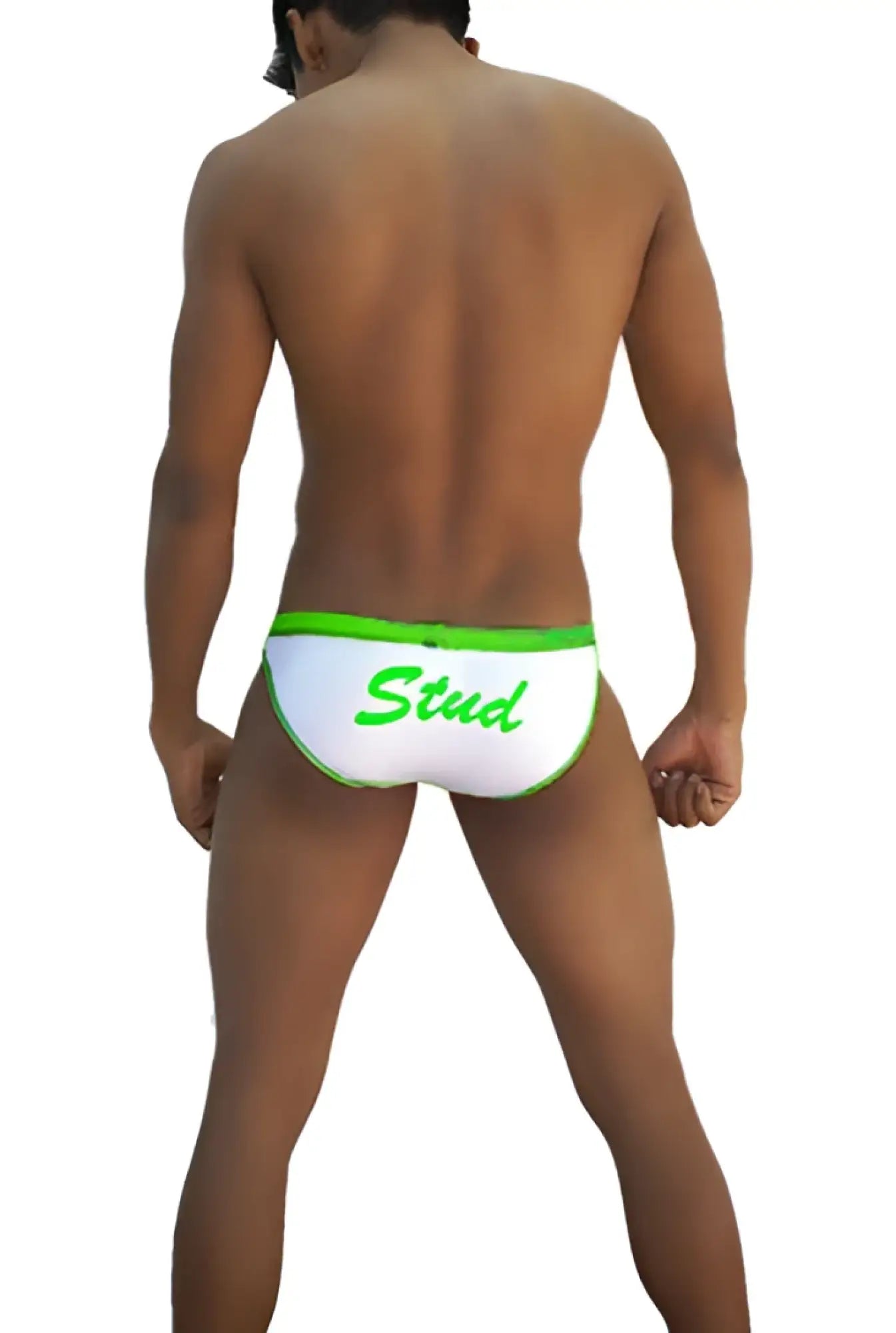 White icker sea stud slip bikini underwear with bright green waistband and stud script print in green