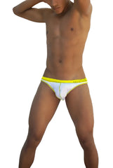 White briefs with a bright yellow waistband from icker sea stud slip bikini underwear white mango collection