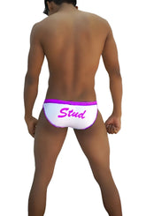White icker sea stud slip bikini underwear with vibrant purple waistband and pink stud script on white fabric