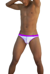White briefs with vibrant purple waistband and trim from icker sea stud slip bikini underwear collection