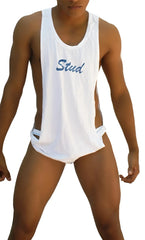 White sleeveless tank top with blue stud embroidered script across the chest icker sea stud tank top tshirt