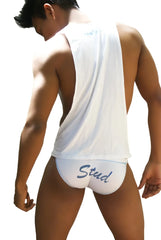 White briefs with blue cursive stud text matching icker sea stud tank top t shirt white blue co i 13 13 design