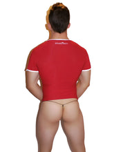 Image of the back side of an icker sea super deep v neck short sleeved red fitted shirt with white trim and a small embroidered logo