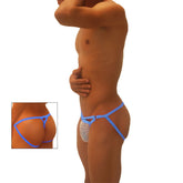 Icker Sea superhero stripe cut out jock g string underwear in blue mesh with white patterned inner panel