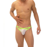 Neon green and white mesh thong with crisscross design icker sea superhero stripe cut out jock g string underwear front view