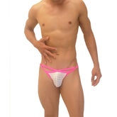 Icker Sea Superhero Stripe cut out jock g string underwear in bright pink and white mesh with strappy supportive design