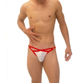 Red and white mesh thong with bold crisscross design from icker sea superhero stripe cut out jock g string underwear