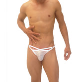 White mesh thong with crisscross front straps and textured pattern from Icker Sea Superhero Stripe Cut Out Jock G String underwear