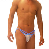 Blue and white striped jockstrap with crisscross design from icker sea superhero stripe cut out micro slip bikini underwear