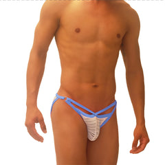 Blue and white striped jockstrap with crisscross design from icker sea superhero stripe cut out micro slip bikini underwear