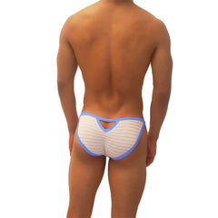 White and blue striped men’s briefs with a cutout back design from icker sea superhero stripe micro slip bikini underwear